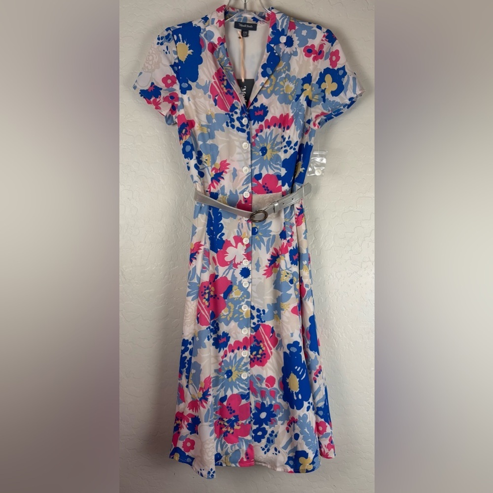 NEW ModCloth Exciting Find Shirt Dress Blue Pink Floral Belted Retro Sz XXS 1331